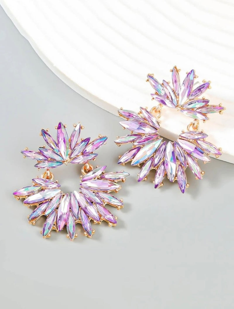 Purple Rhinestone Flower Earrings