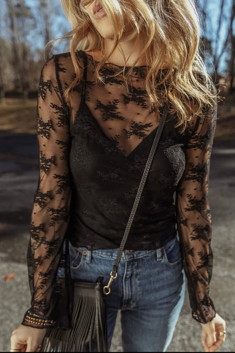 'Lainey' Lace Mesh Top (Black)