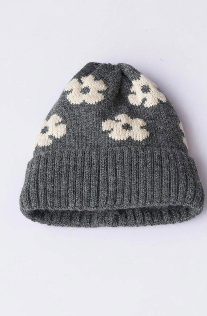 Gray and white flower beanie